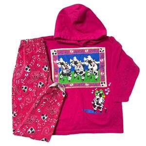 Vtg Spumoni Pink Hoodie Set Dancing Cows Graphic‎ Bandana print Stirrup Pants 14